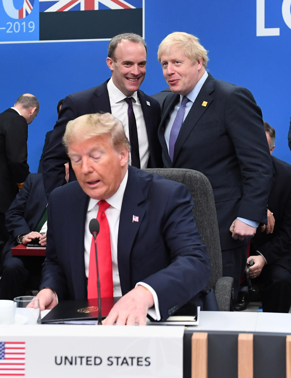 US President Donald Trump (front) with Foreign Secretary Dominic Raab (centre left) snd Prime Minister Boris Johnson(centre right) during the annual Nato heads of government summit at The Grove hotel in Watford, Hertfordshire.