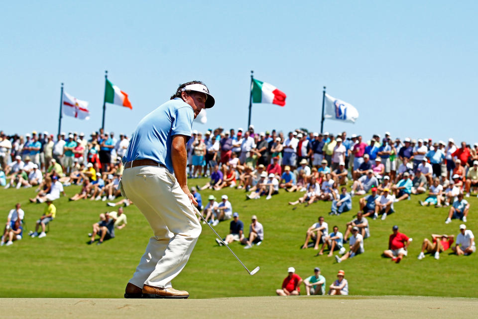 PONTE VEDRA BEACH, FL - MAY 10: Phil Mickelson of the United States reacts to a missed putt for birdie on the third hole during the first round of THE PLAYERS Championship held at THE PLAYERS Stadium course at TPC Sawgrass on May 10, 2012 in Ponte Vedra Beach, Florida. (Photo by Mike Ehrmann/Getty Images)