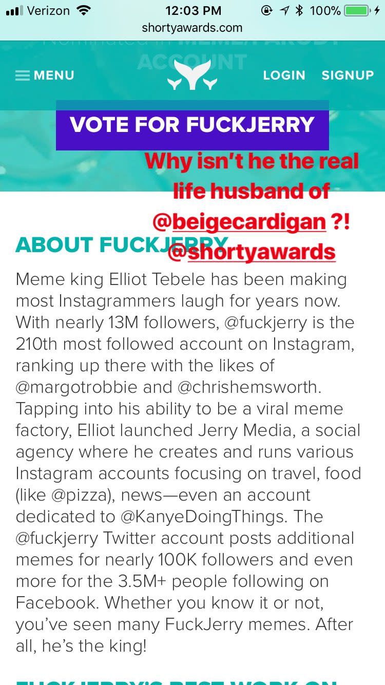 A screenshot of Tebele’s introduction on the Shorty Awards’ website. (Photo: Instagram/beigecardigan)