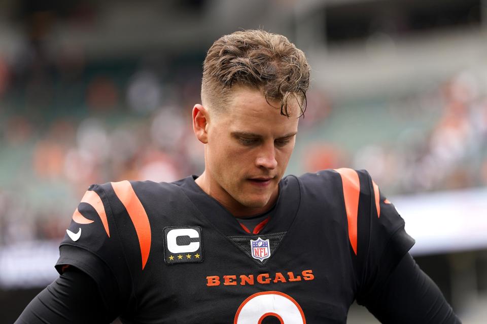 Joe Burrow #9 of the Cincinnati Bengals walks off the field after a loss to the Baltimore Ravens at Paycor Stadium on September 17, 2023 in Cincinnati, Ohio.