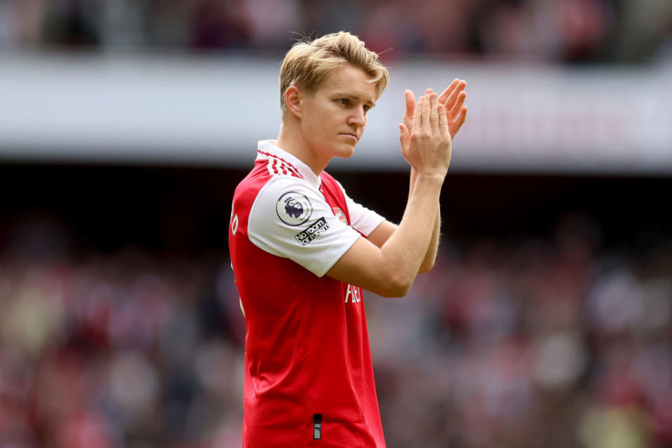 Martin Oedegaard of Arsenal applauds fans after the Premier League match between Arsenal FC and Tottenham Hotspur at Emirates Stadium on October 01, 2022 in London, England.