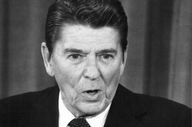 President Ronald Reagan speaks at a January 19, 1982, news conference defending his record after one year in office in Washington, D.C. On March 28, 1991, Reagan endorsed a seven-day waiting period for handgun purchases, reversing his earlier opposition. File Photo by Rich Lipski/UPI