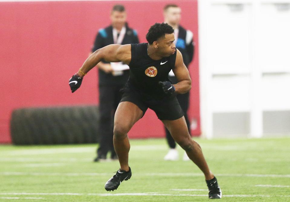 Former Iowa State safety Anthony Johnson works out for scouts at the Cyclones' Pro Day.
