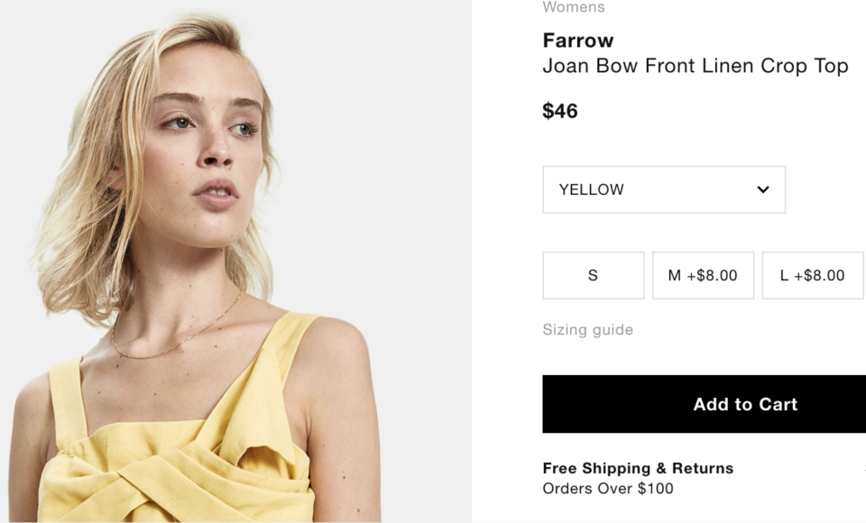 Women’s fashion site Need Supply priced this item as $46. But that only applied to size small. The retailer has since changed the price to $54 for all sizes. (screenshot from August 6, 2018)