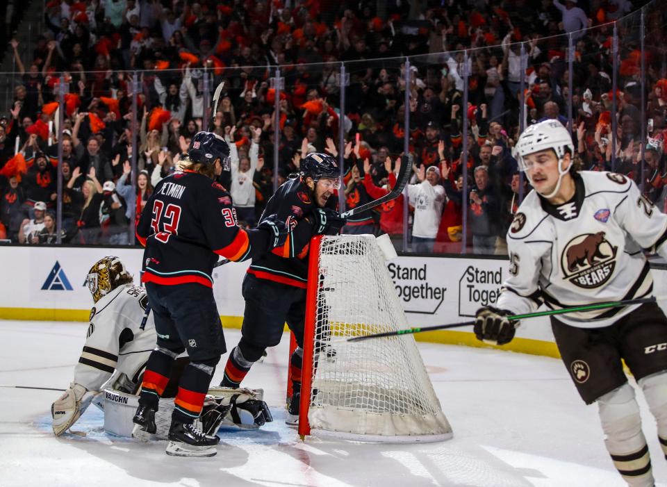 Coachella Valley forward John Hayden (15) celebrates a goal during the first period of Game 6 of the Calder Cup Finals at Acrisure Arena in Palm Desert, Calif., Monday, June 19, 2023. 