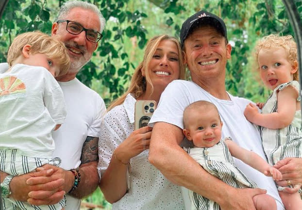Stacey Solomon (pictured with her dad and husband Joe Swash and three of their children) posted on Instagram about the joys and challenges of blended families. (Getty Images)