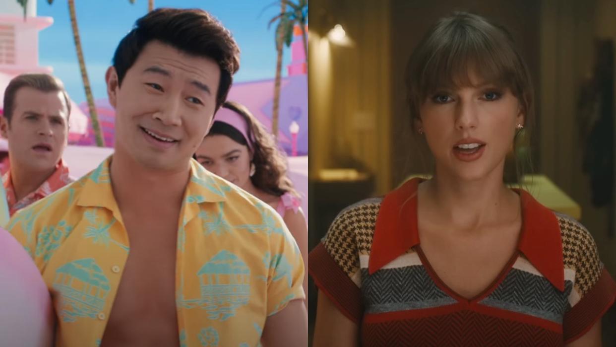  From left to right: Simu Liu smirking in Barbie and Taylor Swift looking into the camera in the Anti-Hero music video. 