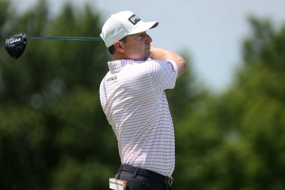 Rob Oppenheim watches his tee shot on the No. 1 hole during the third round of the Memorial Health Championship at Panther Creek Country Club on Saturday, July 16, 2022 in Springfield.