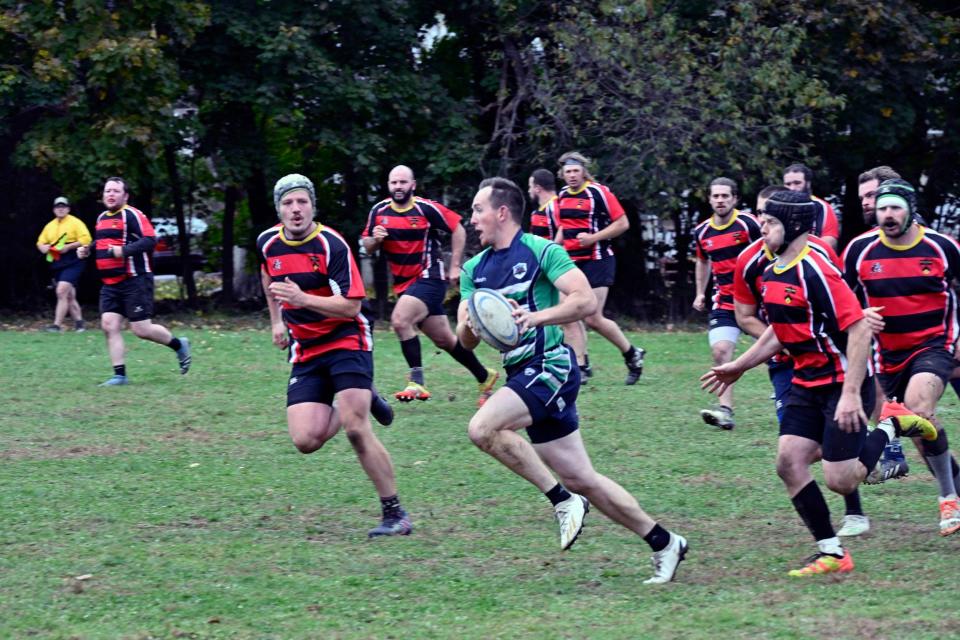 Eddie Leimkuhler on an attacking run at the start of the second half of the home semi-final against Mad River-Stowe Rugby Club.