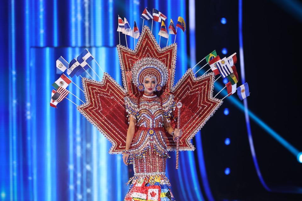 Miss Canada during the Miss Universe national costume contest in November 2023