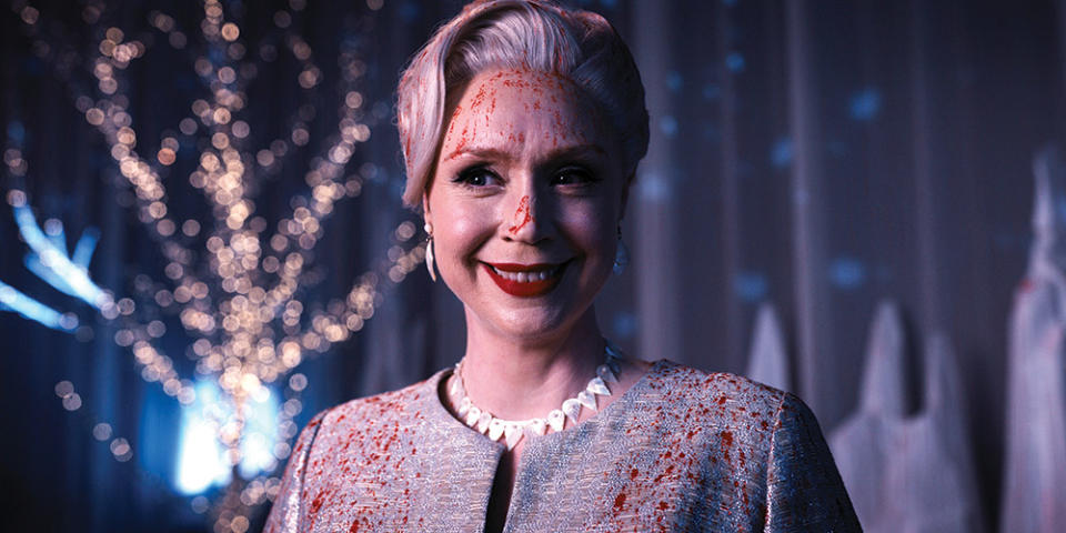 The look for Nevermore Academy Principal Weems (Gwendoline Christie) was inspired by Tippi Hedren in Alfred Hitchcock’s The Birds.