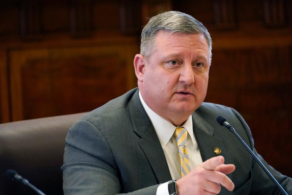 Senate Education Committee Chairman Dennis DeBar Jr., R-Leakesville, addresses lawmakers as they consider legislation during a committee meeting at the Mississippi Capitol in Jackson, Tuesday, March 1, 2022. DeBar introduced a bill to his committee Thursday to modify the state's public education funding formula.