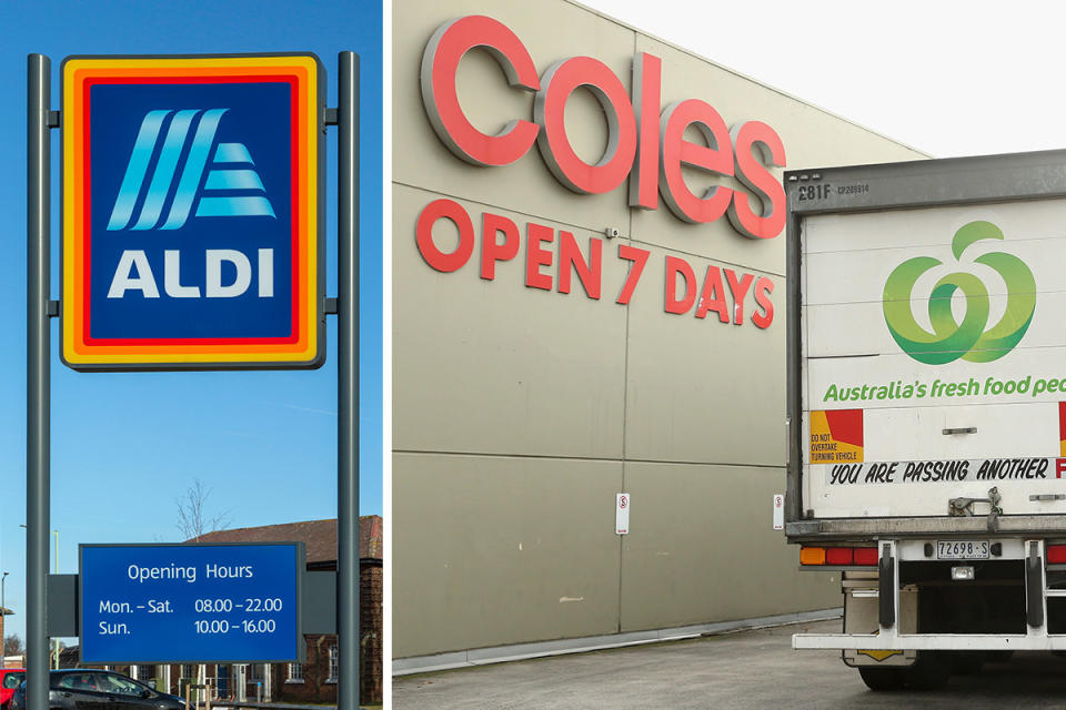 Aldi sign; Coles and Woolworths trucks