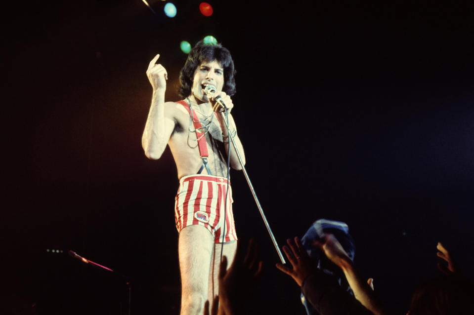 Freddie Mercury of Queen in concert in Las Vegas, Nevada. **EXCLUSIVE** ***Exclusive*** (Photo by Brad Elterman/FilmMagic)