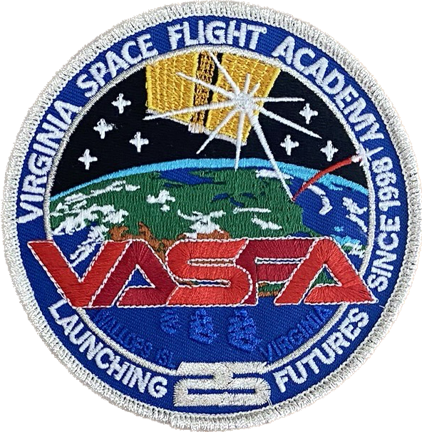 a mission patch with a spacecraft above Earth