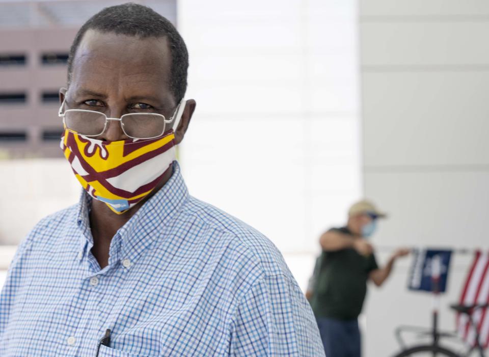 Aden Bashir Hillowle, 57, from Somalia, is an overland truck driver and a married father of nine children. His naturalization ceremony was scheduled for March 12, 2020, but was put on hold because of the new coronavirus pandemic, when the government temporarily suspended naturalization ceremonies. He was relieved when he received a letter informing him that his ceremony finally had been rescheduled for July 10, four months after he was supposed to be sworn in as a new U.S. citizen. "Actually, this is my best day in the world. This is the opportunity country," he said.