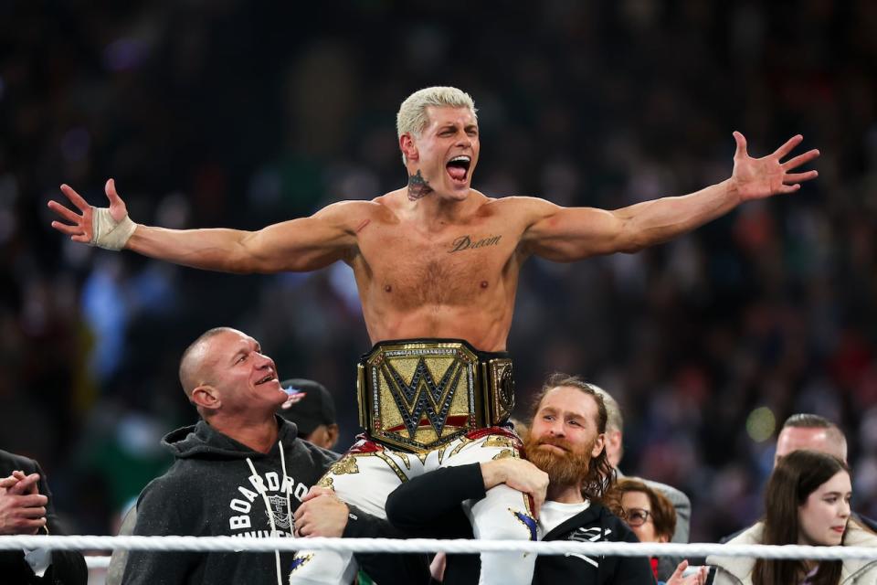 Cody Rhodes celebrates after winning the Undisputed WWE universal championship match during WrestleMania 40 at Lincoln Financial Field in Philadelphia, on Sunday, April 7, 2024. (Monica Herdon/The Philadelphia Inquirer via AP)