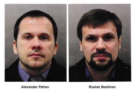 A photo provided by the London Metropolitan Police on Sept. 5, 2018, shows two Russian nationals, Alexander Petrov and Ruslan Boshirov, who were charged with the attempted murder of ex-spy Sergei Skripal using the deadly nerve agent Novichok in Salisbury, England. / Credit: Handout