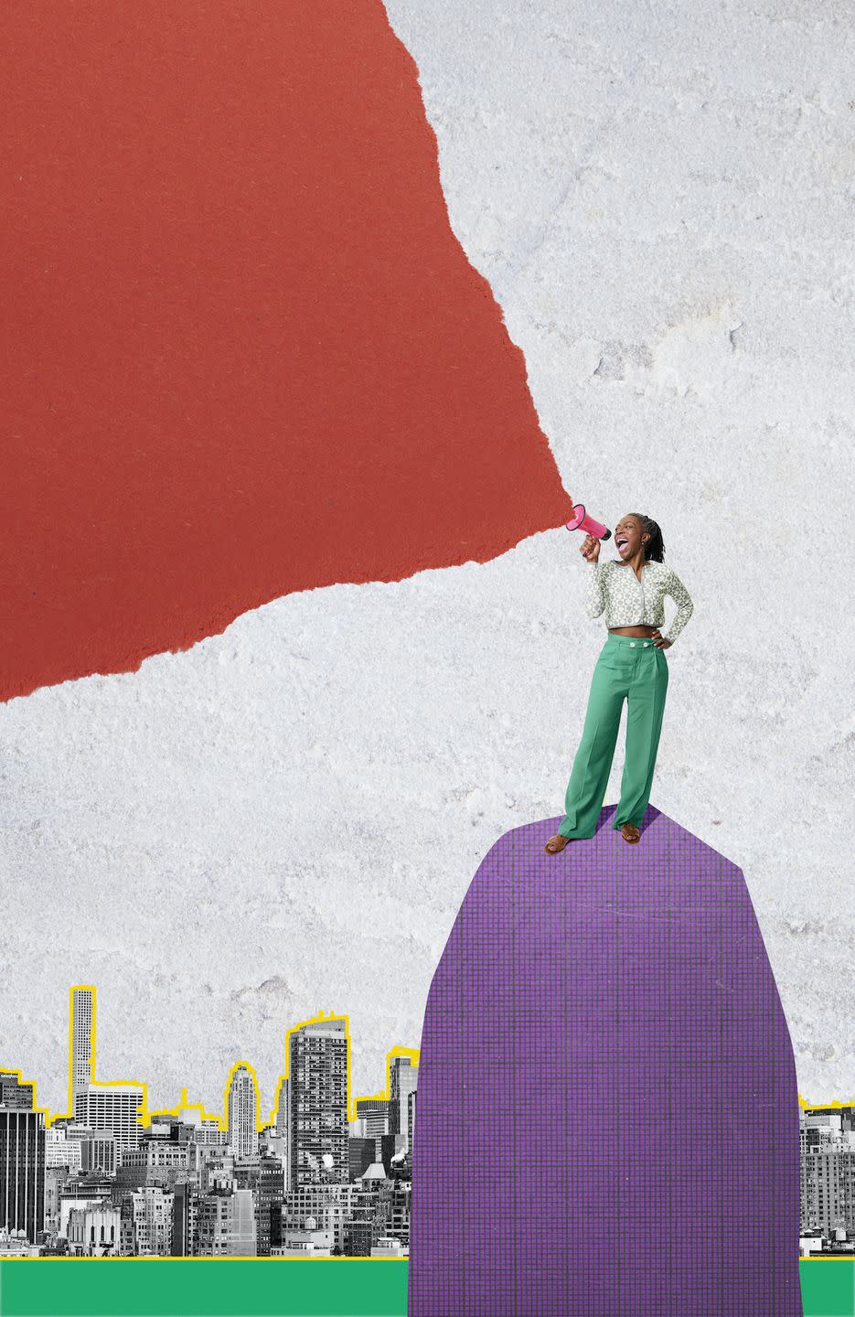 mature woman shouting into megaphone standing on top of mountain