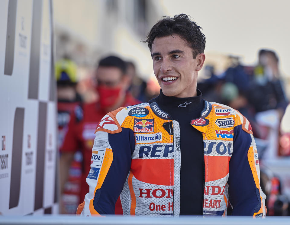 ARAGON, SPAIN, SEPTEMBER 12 : Marc Marquez of Repsol Honda Team celebrates during the Gran Premio TISSOT de Aragon at the Motorland Aragon Circuit on September 12, 2021 in Aragon, Spain. (Photo by Stringer/Anadolu Agency via Getty Images)