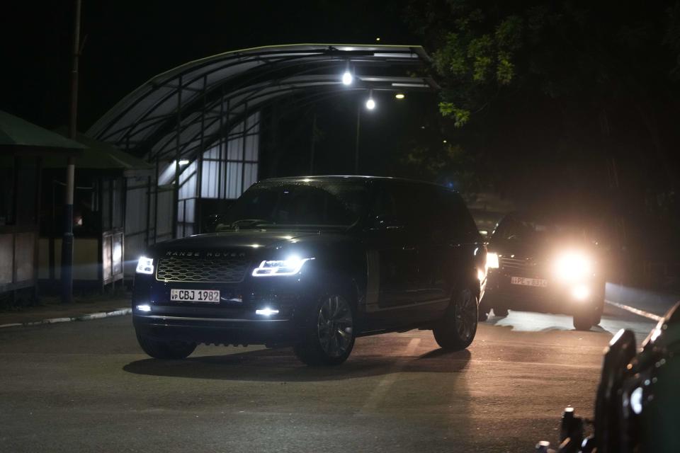 A motorcade which is believed to be conveying Sri Lanka's former president Gotabaya Rajapaksa leaves the Bandaranaike International airport in Colombo, Sri Lanka, Saturday, Sept. 3, 2022. Gotabaya Rajapaksa, who fled the country in July after tens of thousands of protesters stormed his home and office in a display of anger over the country's economic crisis, has returned to the country after seven weeks. (AP Photo/Eranga Jayawardena)