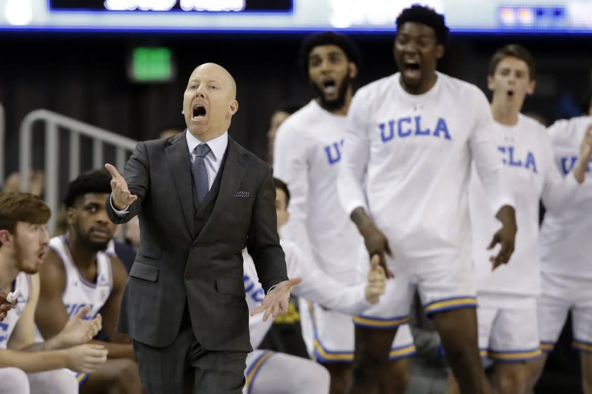 UCLA coach Mick Cronin argues call during the second half of the team's NCAA college basketball game against Washington State on Thursday, Feb. 13, 2020, in Los Angeles. (AP Photo/Marcio Jose Sanchez)