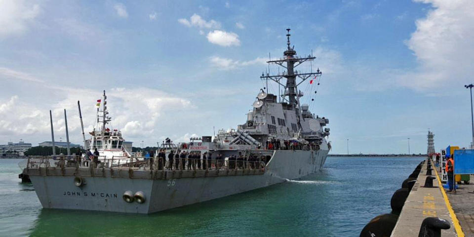 <p>The guided-missile destroyer USS John S. McCain arrives at Changi Naval Base in Singapore August 21, 2017 in this handout photo courtesy of the U.S. Navy. (Photo: U.S. Navy/Reuters) </p>