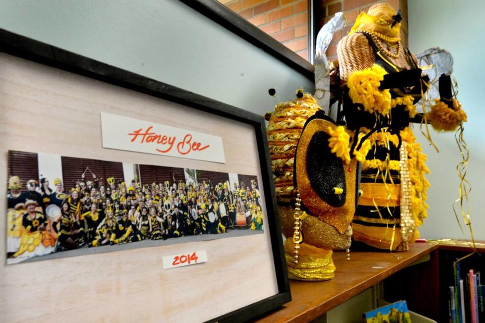 An exhibit featuring Samba Olywa costumes worn in past Procession of the Species is on display in the downtown Olympia Timberland Library for Arts Walk.