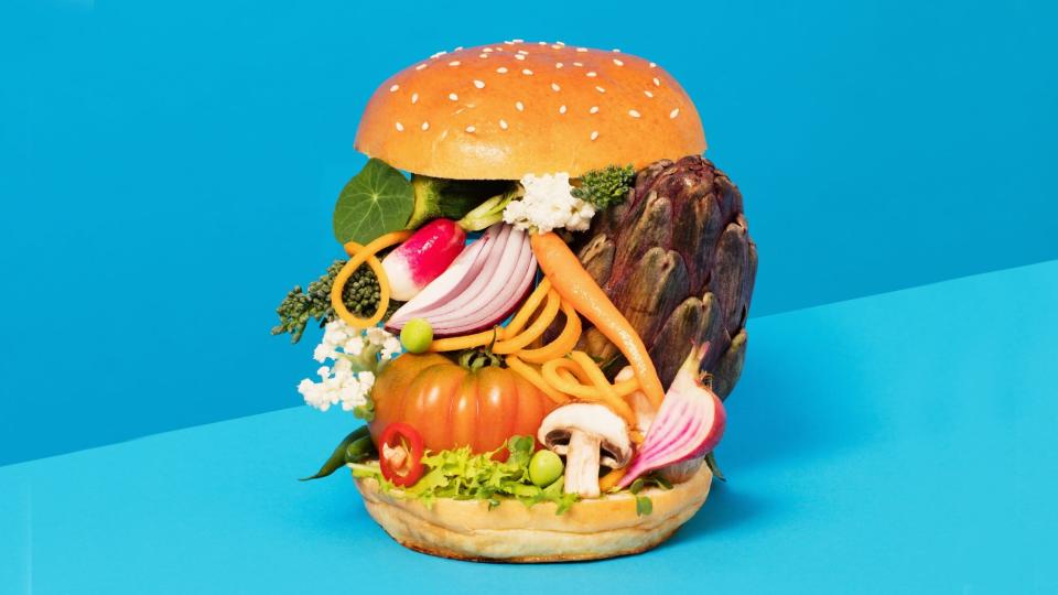 plant-based-diet-health-tips: veggies on a burger bun