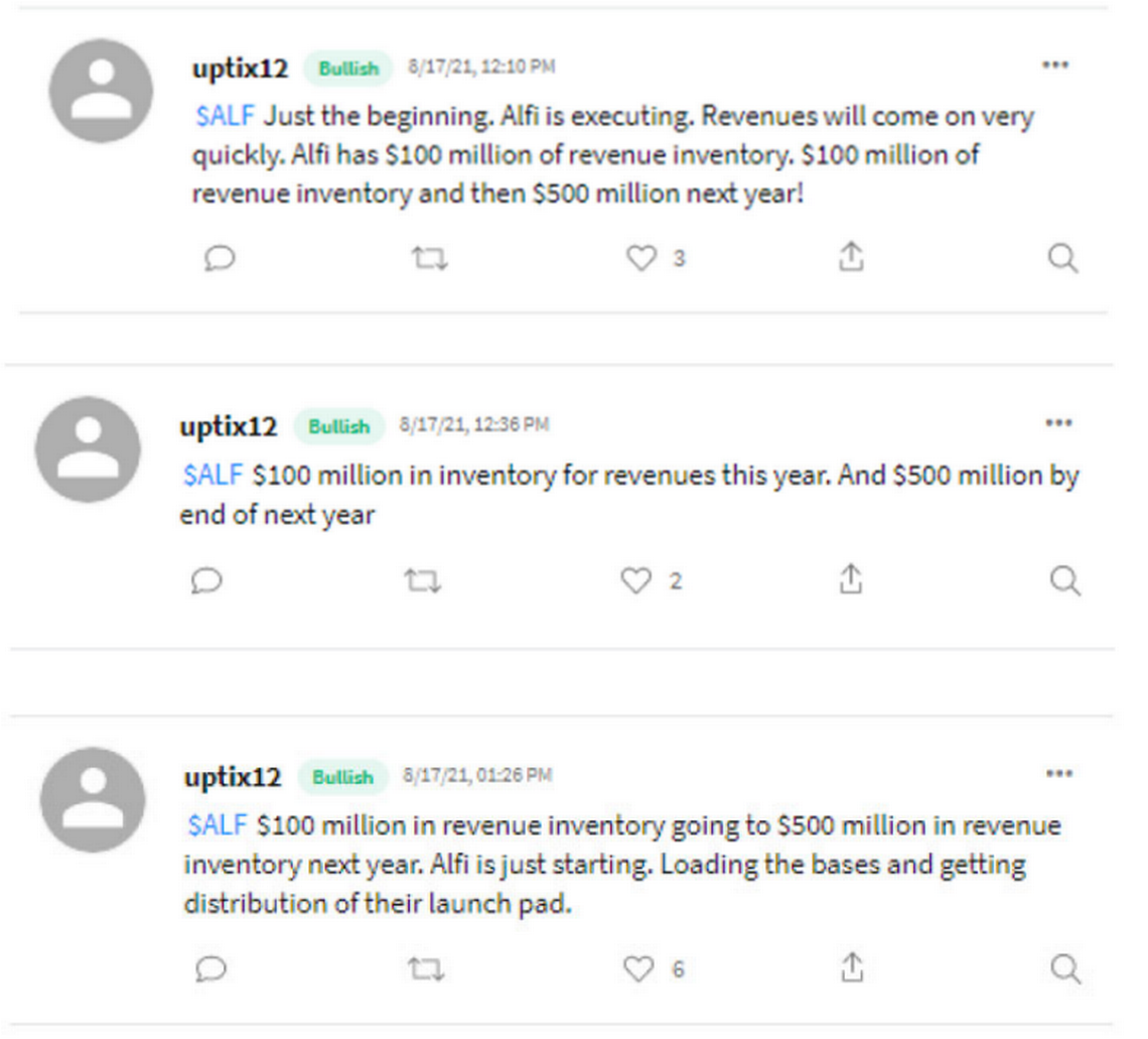 The SEC complaint against Paul Pereira says these text messages from “Uptix12” on Stocktwits were Pereira making false claims while operating the account without revealing he was Alfi’s CEO.