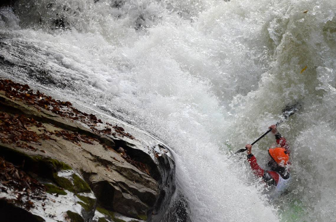 A kayaker goes over a whitewater section on the Green River Narrows in western North Carolina.