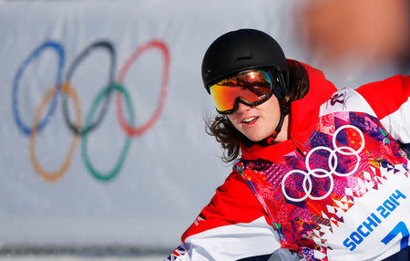 FILE PHOTO: Britain's James Woods reacts during the men's freestyle skiing slopestyle qualification round at the 2014 Sochi Winter Olympic Games in Rosa Khutor, Russia, February 13, 2014. REUTERS/Mike Blake/File Photo