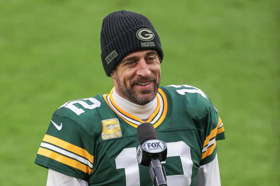GREEN BAY, WISCONSIN - NOVEMBER 15: Aaron Rodgers #12 of the Green Bay Packers speaks to the media after beating the Jacksonville Jaguars 24-20 at Lambeau Field on November 15, 2020 in Green Bay, Wisconsin. (Photo by Dylan Buell/Getty Images)