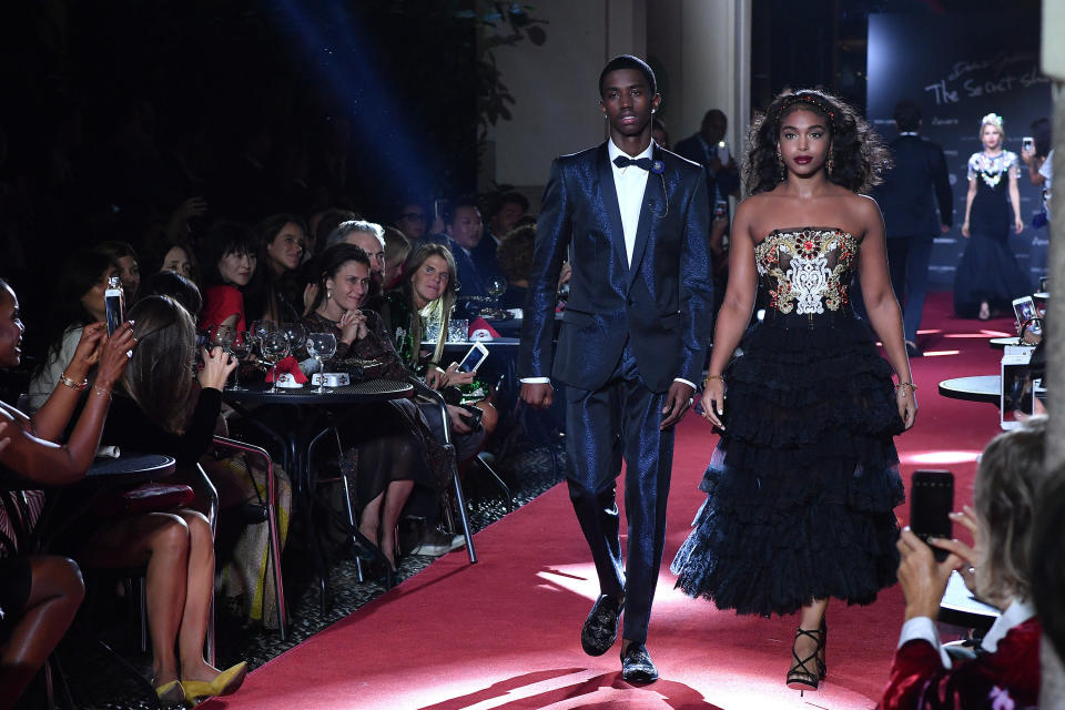 Christian Combs and Lori Harvey walk the runway at the Dolce &amp; Gabbana secret show during Milan Fashion Week Spring/Summer 2018 at Bar Martini on Sept. 23, in Milan, Italy. (Photo: Jacopo Raule via Getty Images)