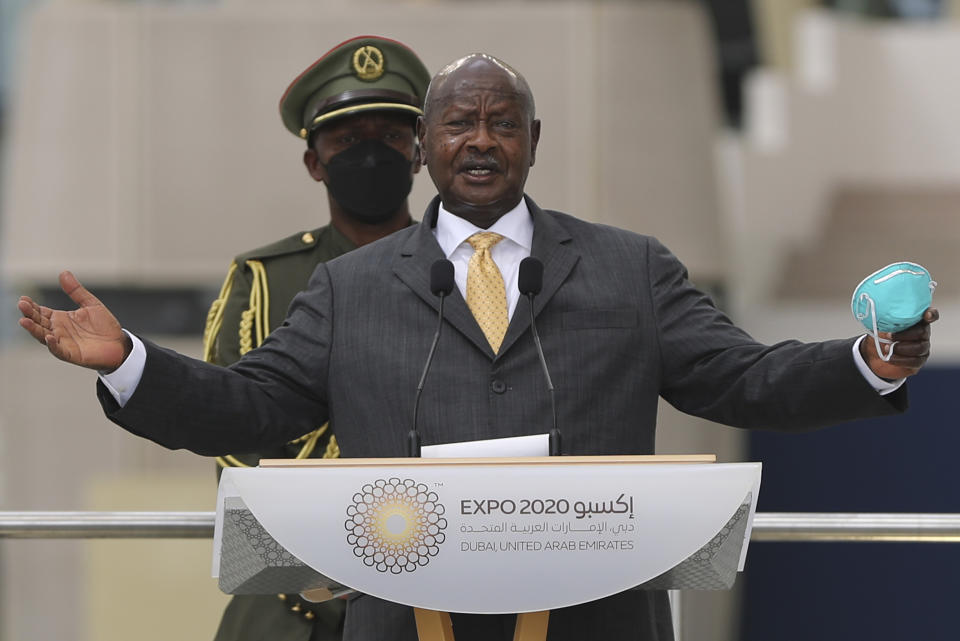 Yoweri Kaguta Museveni, president of Uganda, talks during a ceremony celebrating Uganda National Day at the Dubai Expo 2020 in Dubai, United Arab Emirates, Sunday, Oct. 3, 2021. (AP Photo/Kamran Jebreili)