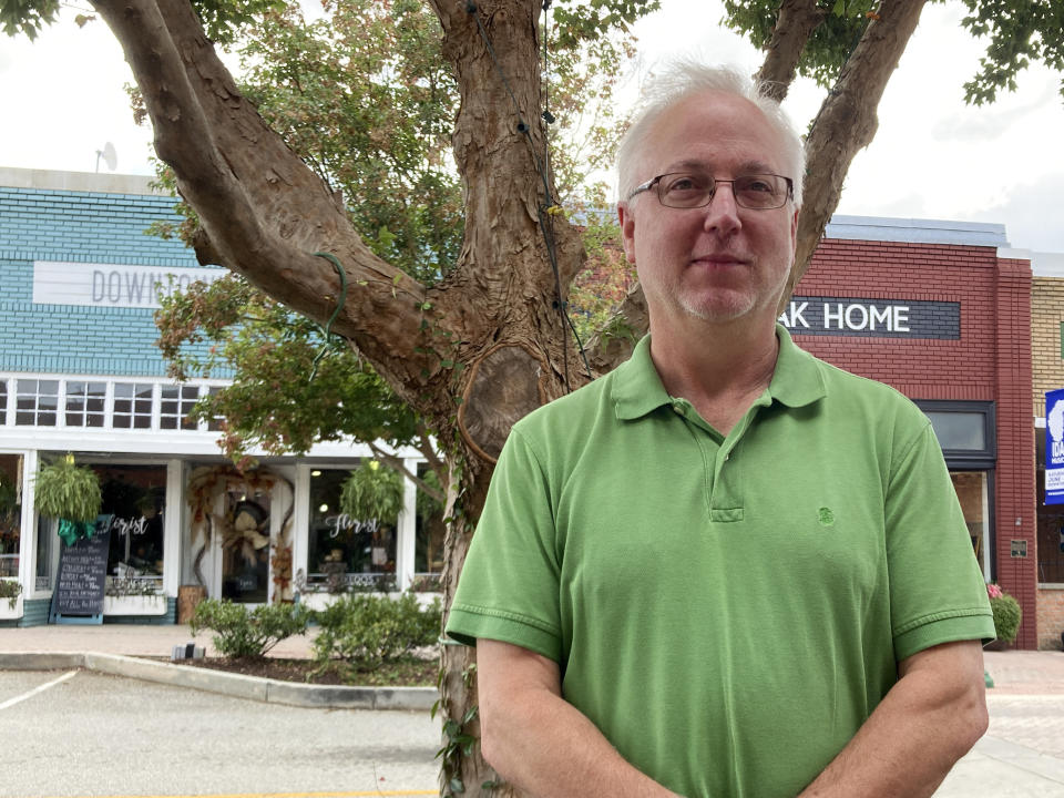 Jay Doss discusses why he prefers conservative politicians on Friday, Sept. 2, 2022 in Toccoa, Ga. Republicans in Georgia increasingly rely on voters in north Georgia areas including Toccoa as their margins shrink in suburban Atlanta. (AP Photo/Jeff Amy)