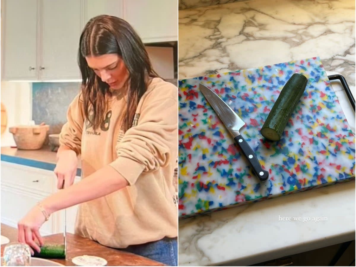 Kendall Jenner is reattempting to cut cucumber (Diney+/KendallJenner/Instagram)