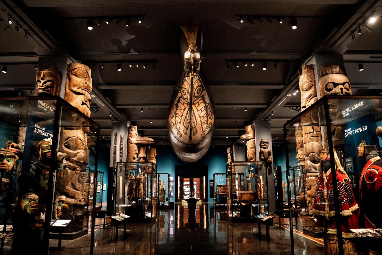 Artifacts, dioramas, and representations of Native American culture from the northwest coast of North America are displayed at the American Museum of Natural History in New York. 