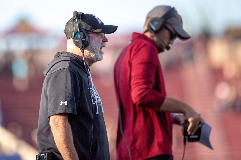 Aggie head coach Jerry Kill shouts during an Aggie football game on Saturday, August 26, 2023, at the Aggie Memorial Stadium.