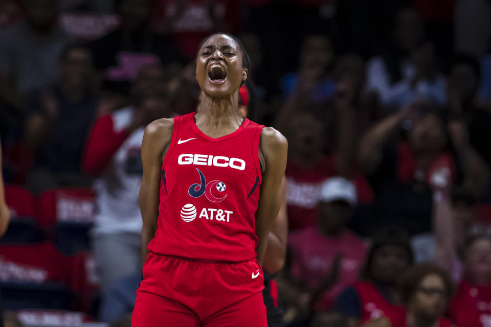 WASHINGTON, DC - SEPTEMBER 17: LaToya Sanders #30 of the Washington Mystics reacts against the Las Vegas Aces during the first half of Game One of the 2019 WNBA playoffs at St Elizabeths East Entertainment & Sports Arena on September 17, 2019 in Washington, DC. NOTE TO USER: User expressly acknowledges and agrees that, by downloading and or using this photograph, User is consenting to the terms and conditions of the Getty Images License Agreement. (Photo by Scott Taetsch/Getty Images)