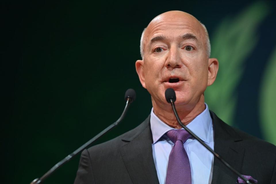 Amazon founder Jeff Bezos speaking at the Leaders’ Action on Forests and Land-use event during the Cop26 summit (Paul Ellis/PA) (PA Wire)