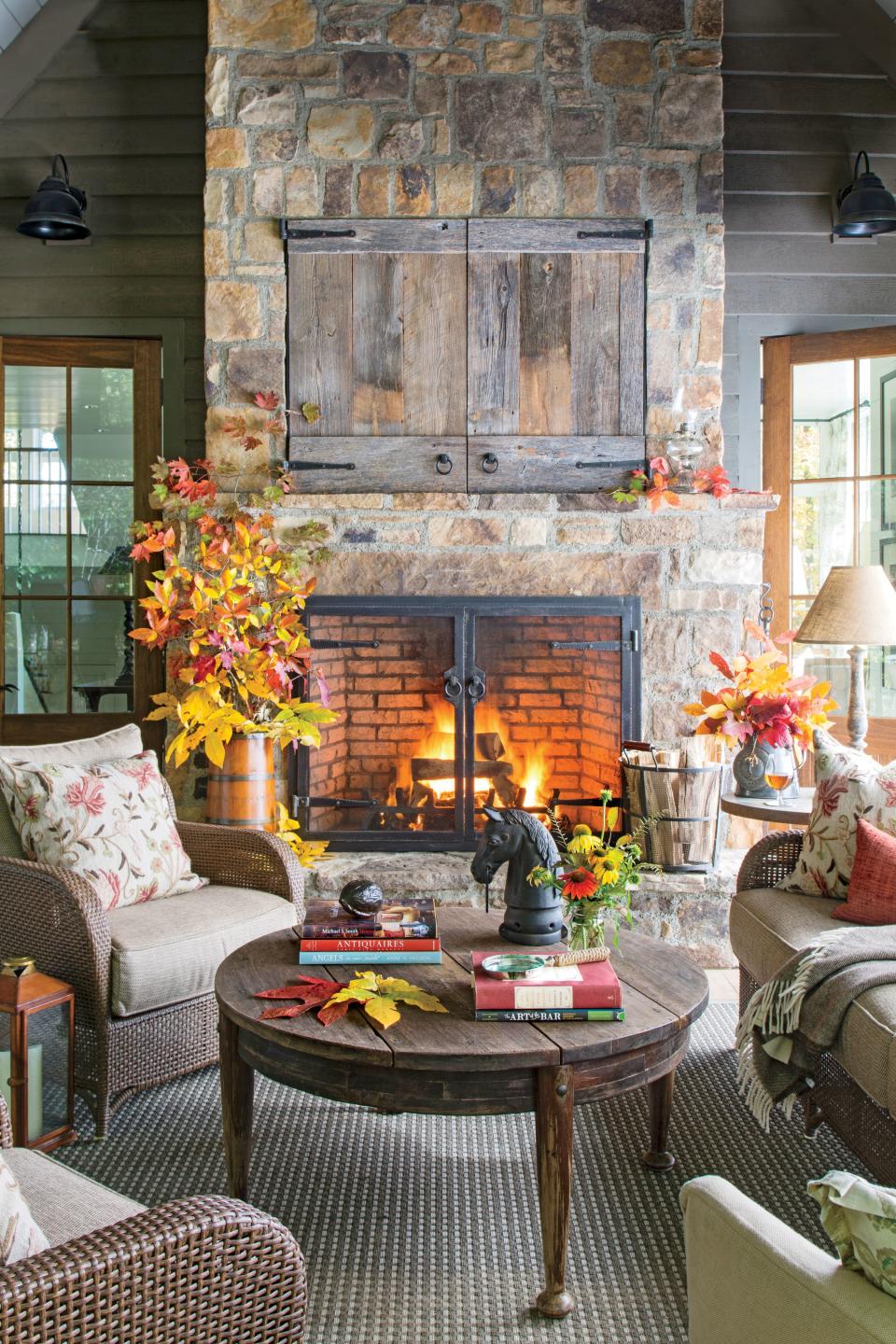 Wood and Stone Fireplace