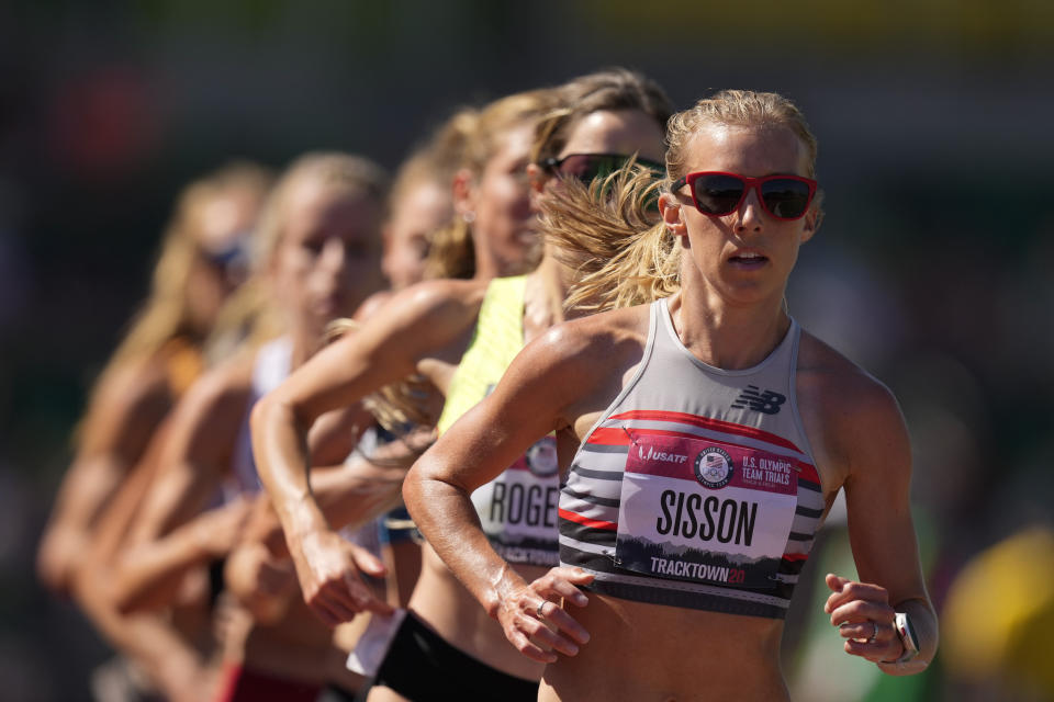 Emily Sisson competes in the women's 10000-meter run at the U.S. Olympic Track and Field Trials Saturday, June 26, 2021, in Eugene, Ore. (AP Photo/Charlie Riedel)