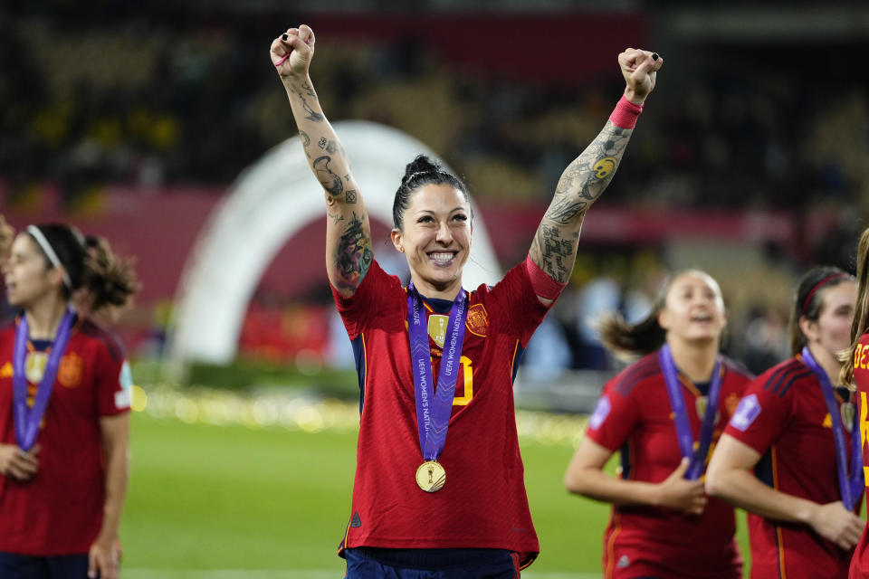 Spain's Jennifer Hermoso celebrates after winning the Women's Nations League final soccer match between Spain and France at La Cartuja stadium in Seville, Spain, Wednesday, Feb. 28, 2024. Spain won 2-0. (AP Photo/Jose Breton)