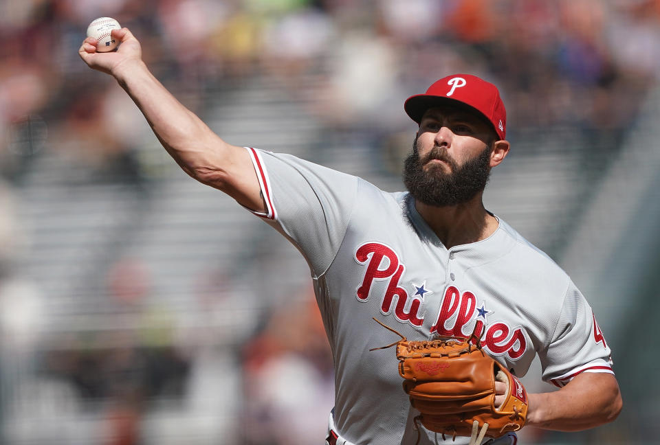 SAN FRANCISCO, CA - AUGUST 11:  Jake Arrieta #49 of the Philadelphia Phillies pitches against the San Francisco Giants in the bottom of the first inning at Oracle Park on August 11, 2019 in San Francisco, California.  (Photo by Thearon W. Henderson/Getty Images)