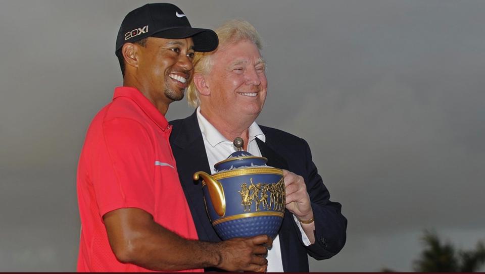 <span>In declining to delve into challenging issues regarding President Donald Trump, </span><a class="link " href="https://sports.yahoo.com/pga/players/147/" data-ylk="slk:Tiger Woods;elm:context_link;itc:0;sec:content-canvas">Tiger Woods</a><span> chose to prioritize business over taking a social stance. (Getty)<br></span>