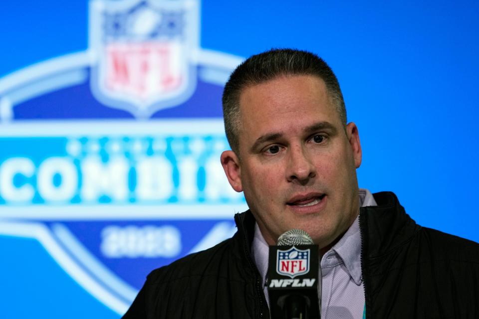 Las Vegas Raiders head coach Josh McDaniels speaks during a press conference at the NFL football scouting combine in Indianapolis, Tuesday, Feb. 28, 2023. (AP Photo/Michael Conroy)
