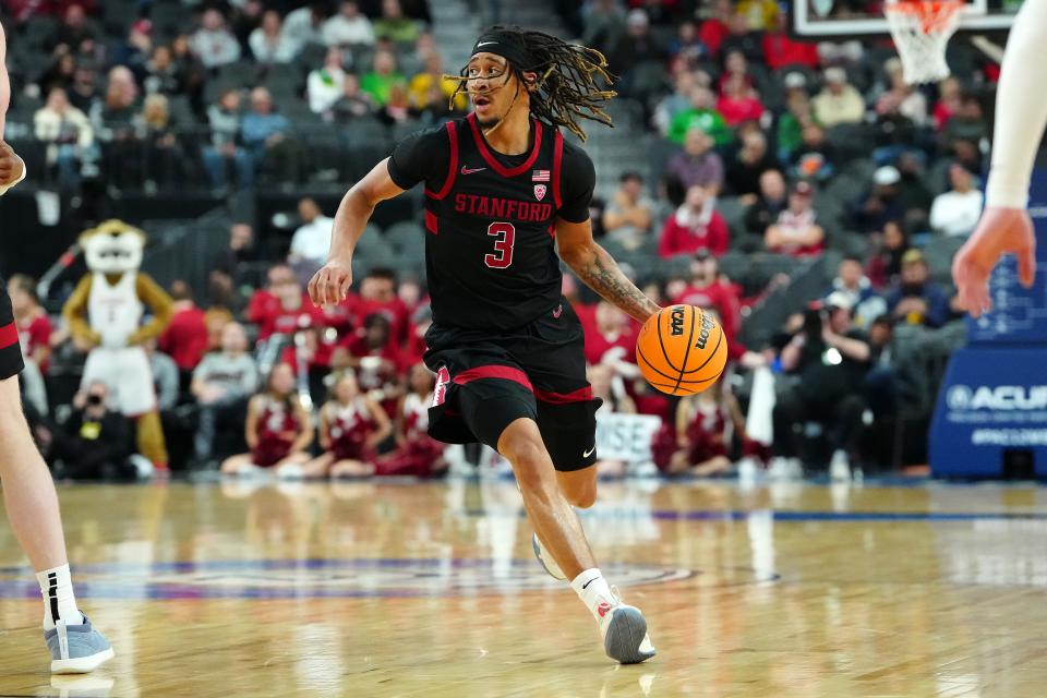 Stanford Cardinal guard Kanaan Carlyle (3) dribbles against the Washington State Cougars during the second half at T-Mobile Arena.