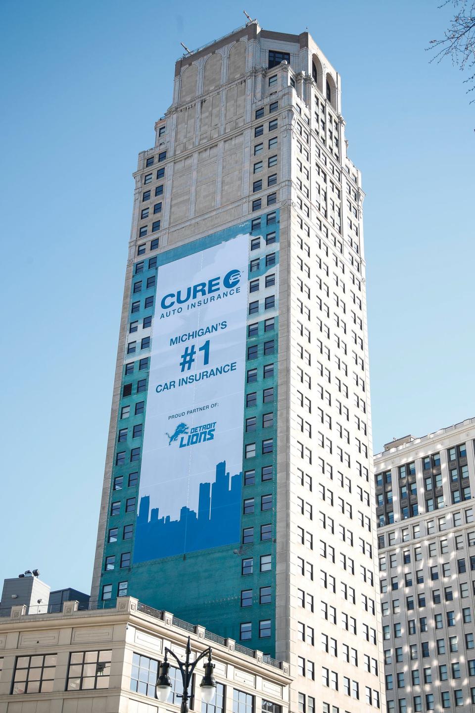 Cure Auto Insurance on the Broderick Tower in Detroit on Monday, April 15, 2024.