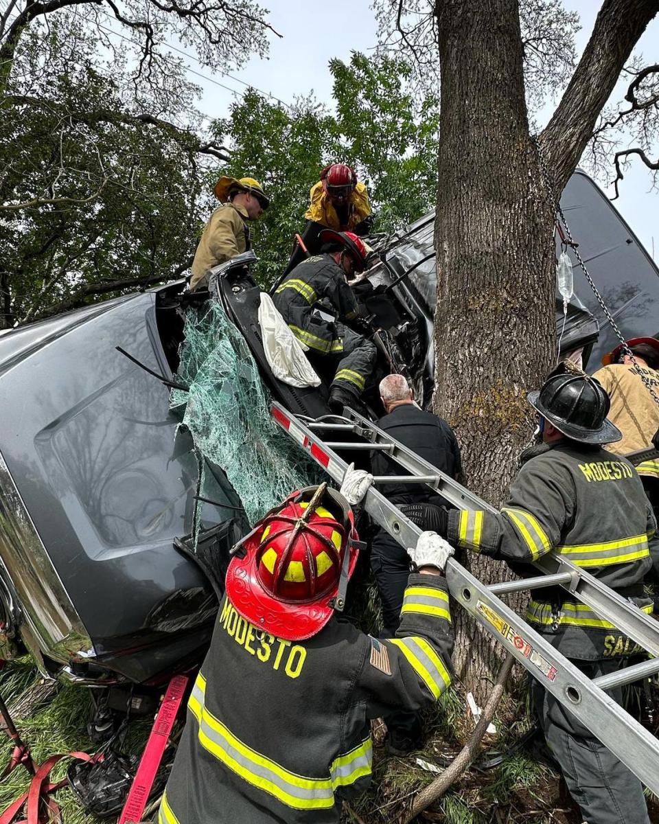A crash down the Dry Creek embankment along Scenic Drive near Coffee Road in Modesto killed one woman and badly injured another Saturday morning, March 18, 2023.